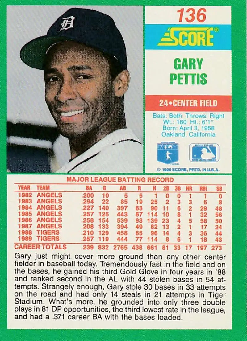 1990 Score #136 Gary Pettis EX Excellent Detroit Tigers Baseball Card - Baseball Card Single