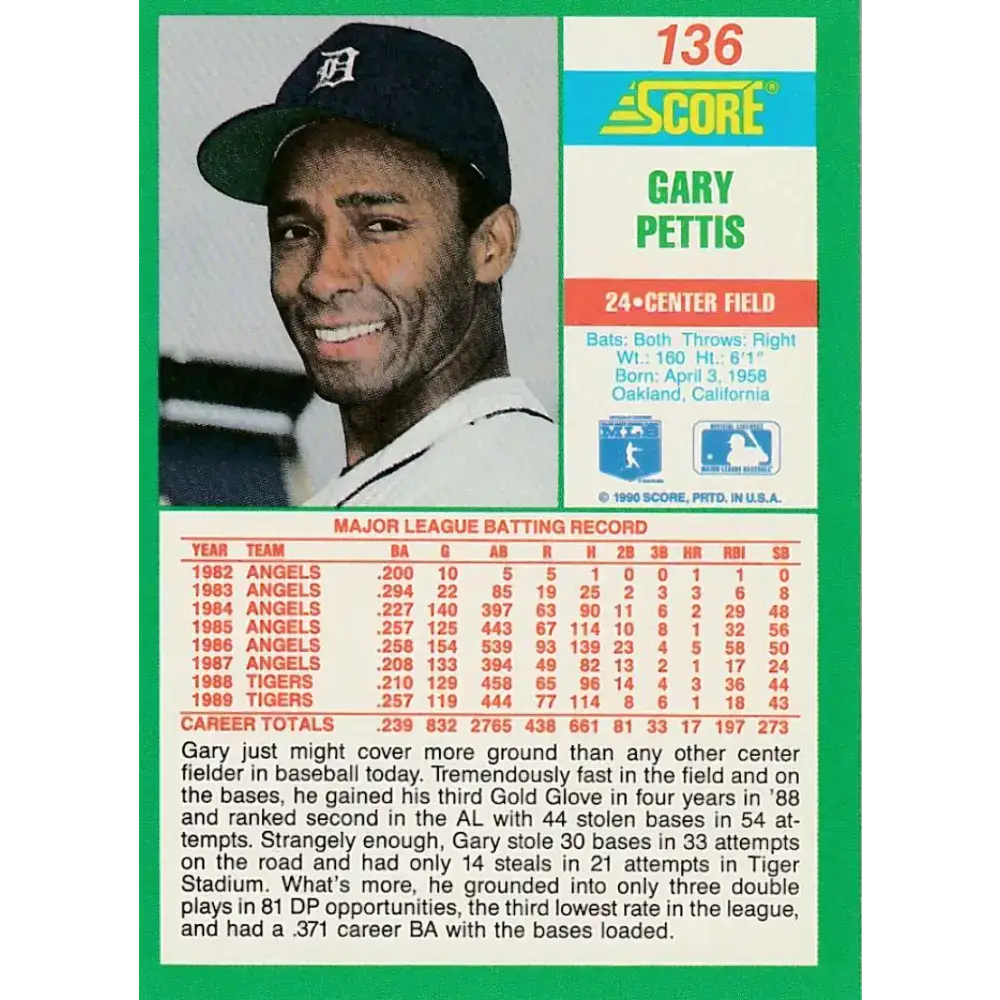 1990 Score #136 Gary Pettis NM-MT Detroit Tigers Baseball Card - Baseball Card Single