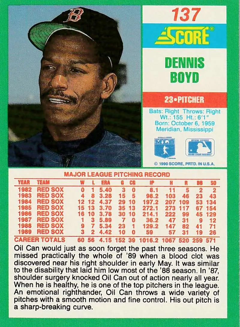 1990 Score #137 Oil Can Boyd EX Excellent Boston Red Sox Baseball Card - Baseball Card Single