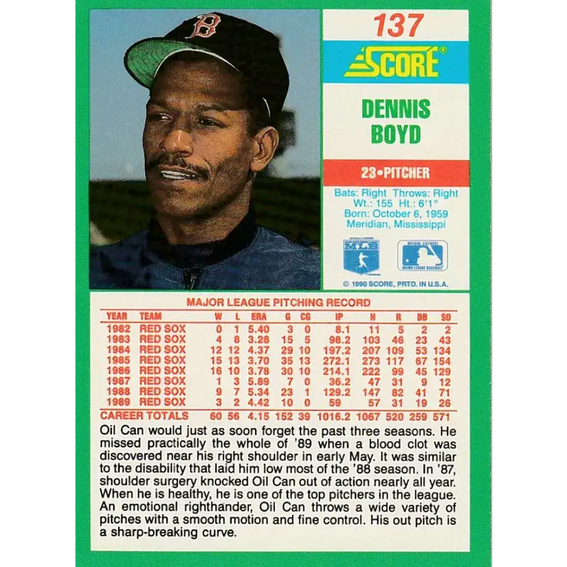 1990 Score #137 Oil Can Boyd NM-MT Boston Red Sox Baseball Card - Baseball Card Single