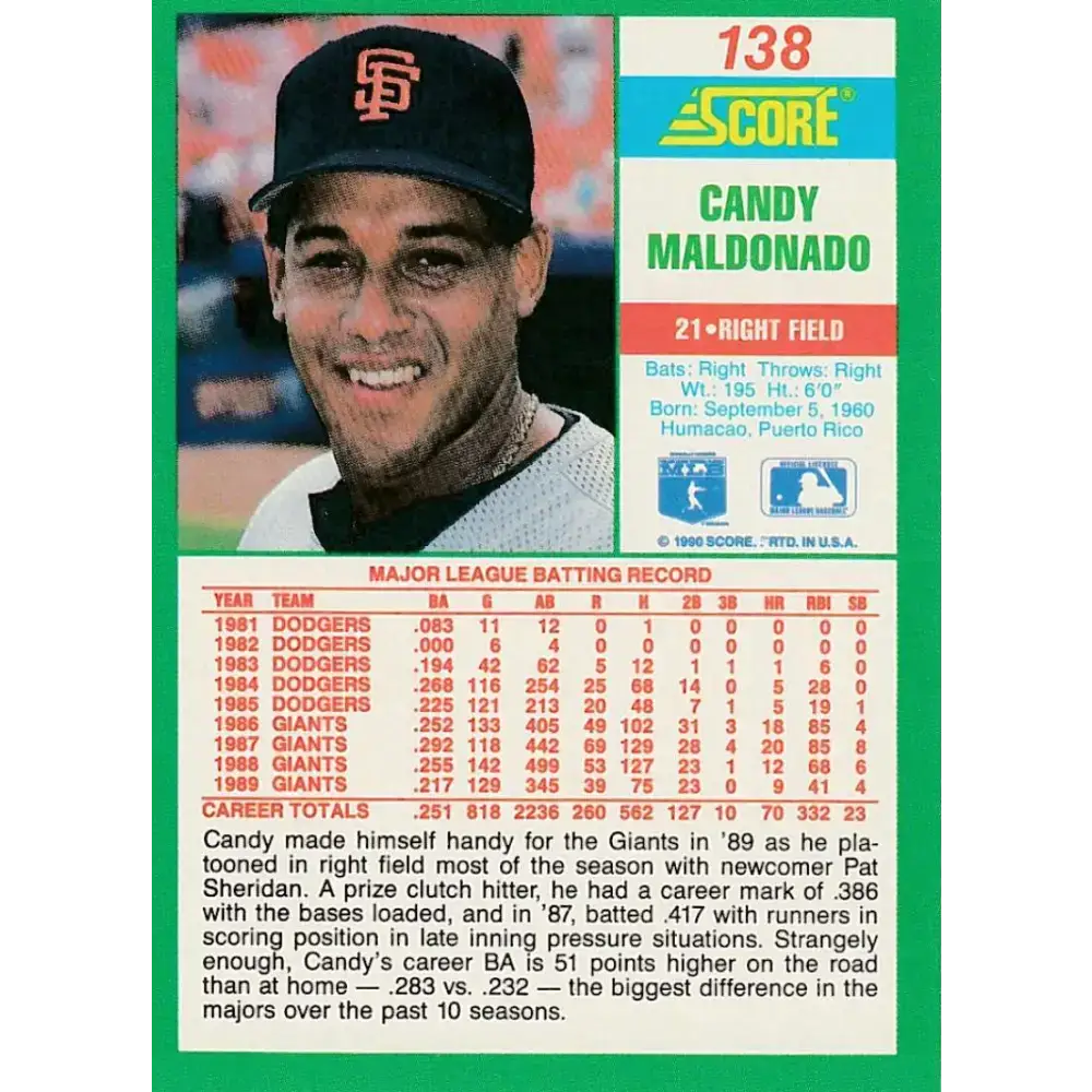 1990 Score #138 Candy Maldonado NM-MT San Francisco Giants Baseball Card - Baseball Card Single