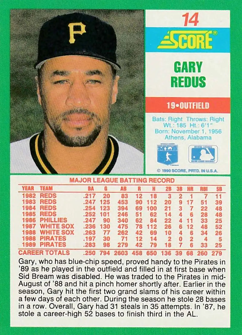 1990 Score #14 Gary Redus EX Excellent Pittsburgh Pirates Baseball Card - Baseball Card Single