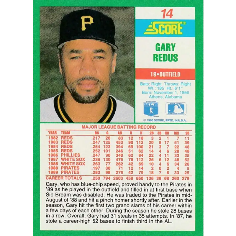1990 Score #14 Gary Redus NM-MT Pittsburgh Pirates Baseball Card - Baseball Card Single