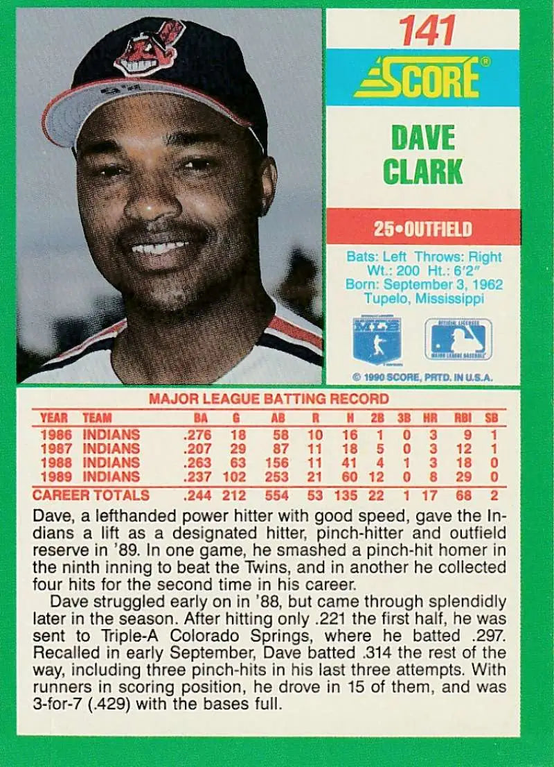 1990 Score #141 Dave Clark EX Excellent Cleveland Indians Baseball Card - Baseball Card Single