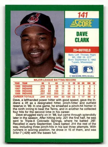 Original gloss Dave Clark baseball card from 1990 Score #141 featuring Simply Sandoval