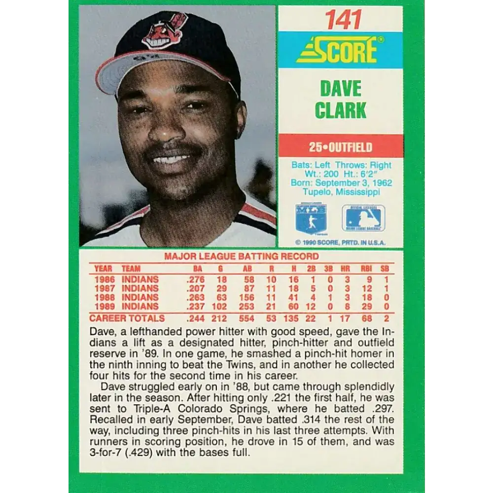 1990 Score #141 Dave Clark NM-MT Cleveland Indians Baseball Card - Baseball Card Single
