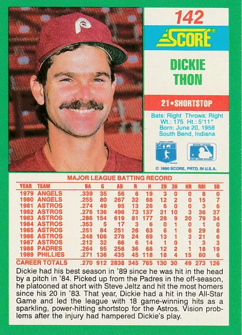 1990 Score #142 Dickie Thon EX Excellent Philadelphia Phillies Baseball Card - Baseball Card Single