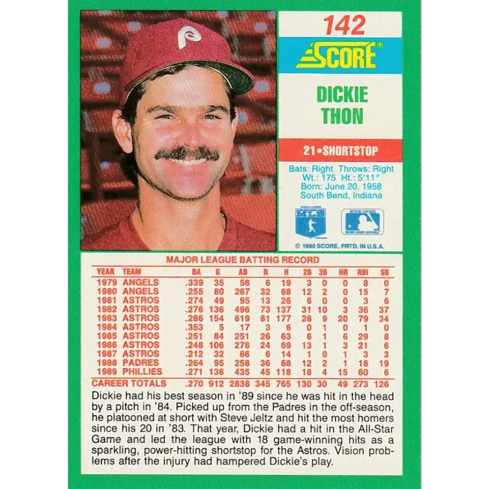 1990 Score #142 Dickie Thon NM-MT Philadelphia Phillies Baseball Card - Baseball Card Single