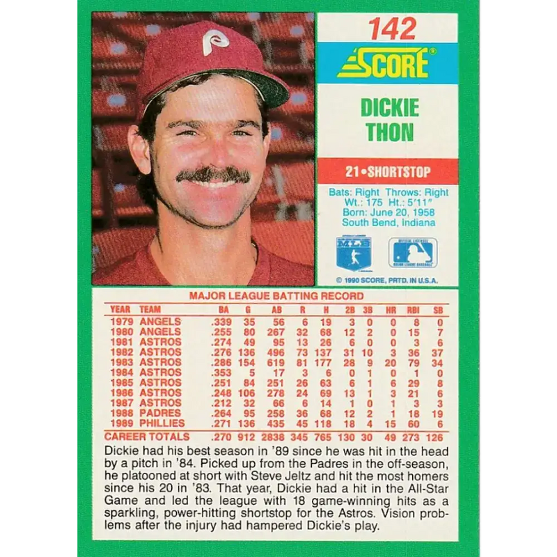 1990 Score #142 Dickie Thon NM-MT Philadelphia Phillies Baseball Card - Baseball Card Single