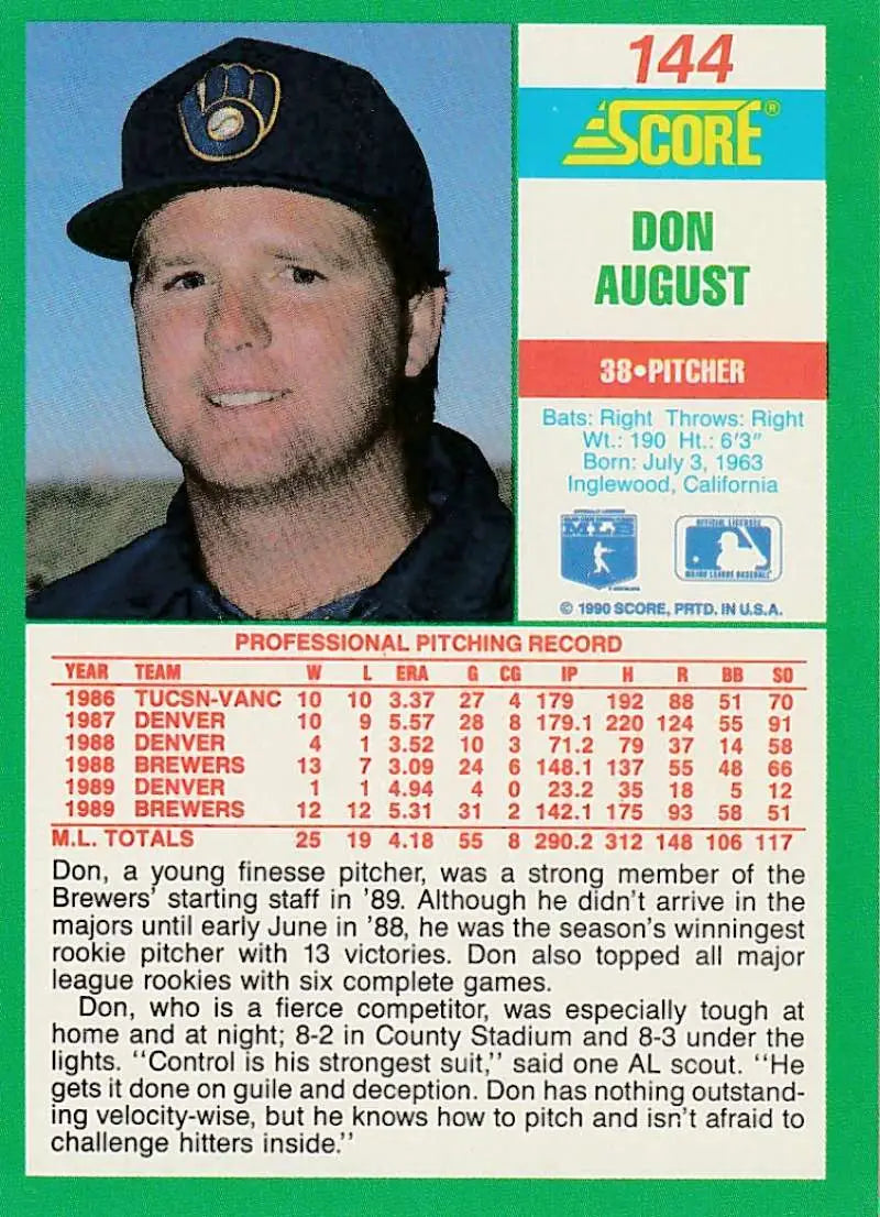 1990 Score #144 Don August EX Excellent Milwaukee Brewers Baseball Card - Baseball Card Single