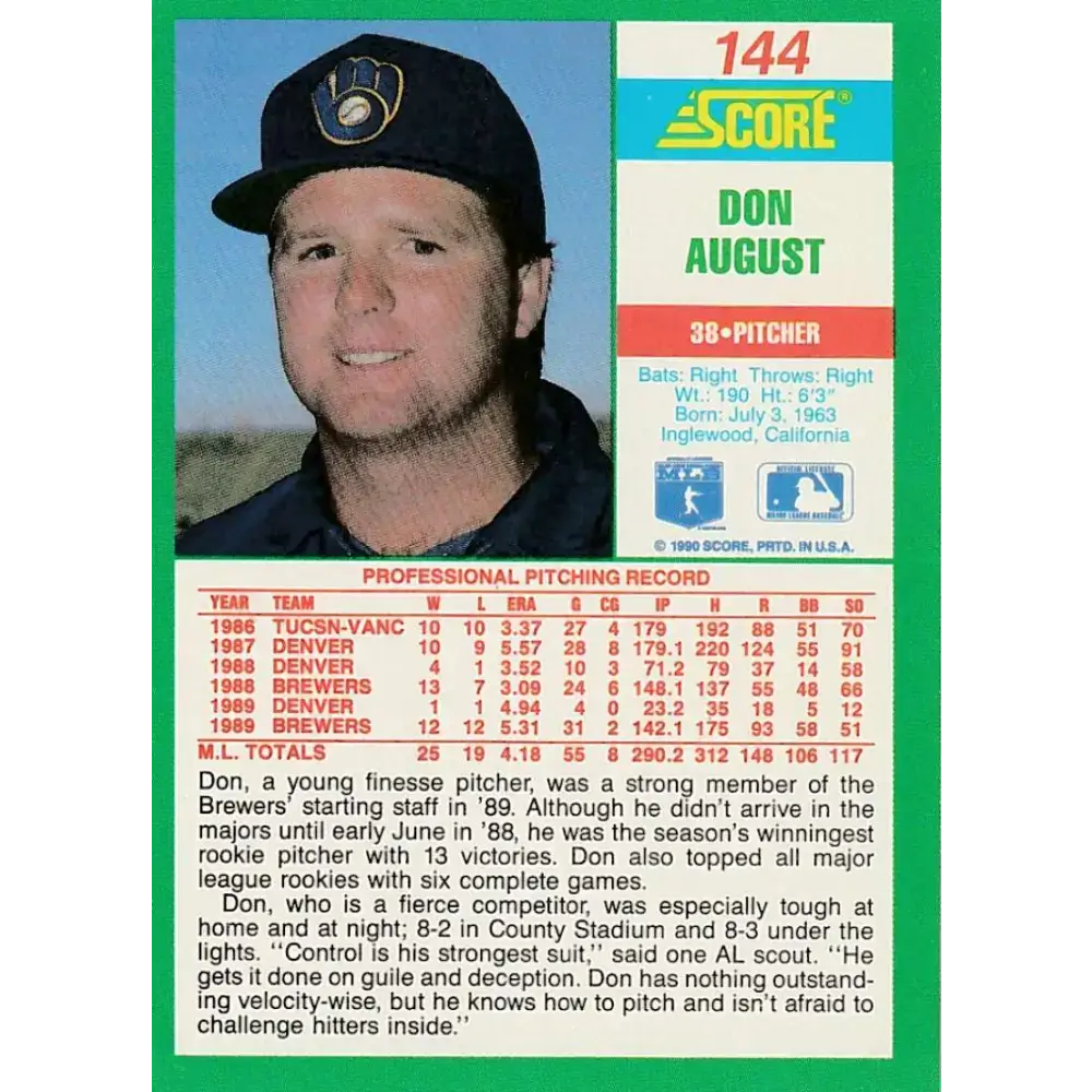 1990 Score #144 Don August NM-MT Milwaukee Brewers Baseball Card - Baseball Card Single