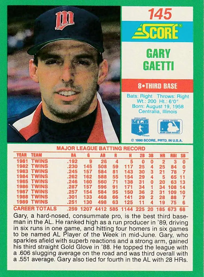 1990 Score #145 Gary Gaetti EX Excellent Minnesota Twins Baseball Card - Baseball Card Single