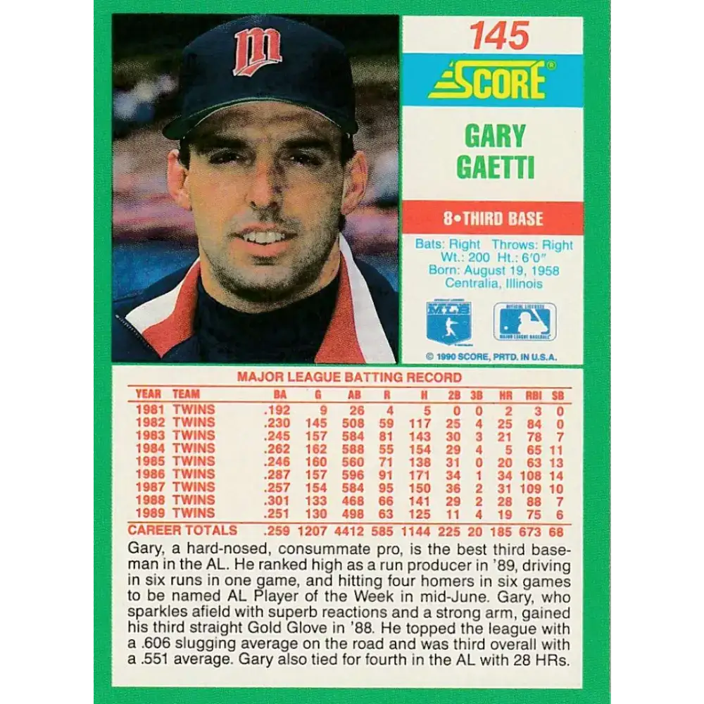 1990 Score #145 Gary Gaetti NM-MT Minnesota Twins Baseball Card - Baseball Card Single