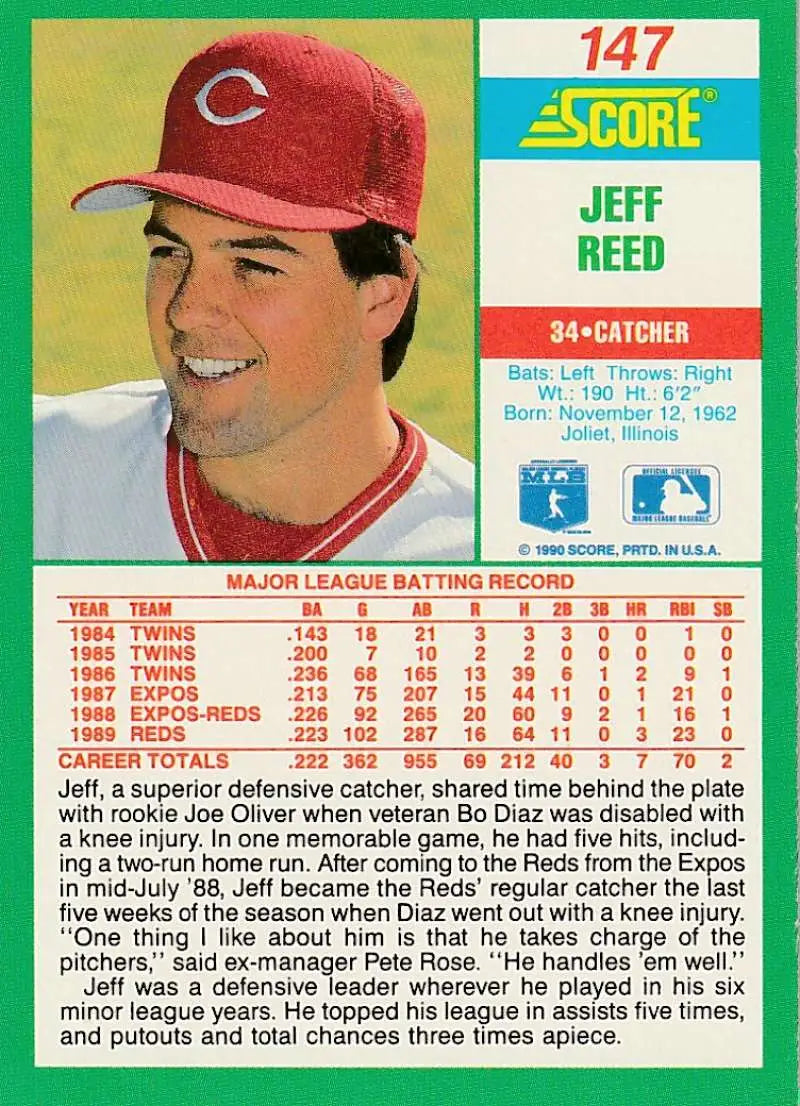 1990 Score #147 Jeff Reed EX Excellent Cincinnati Reds Baseball Card - Baseball Card Single