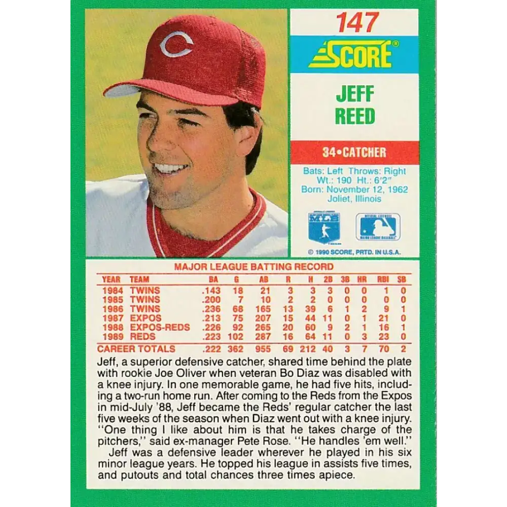 1990 Score #147 Jeff Reed NM-MT Cincinnati Reds Baseball Card - Baseball Card Single