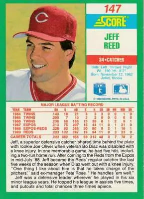 Original gloss 1990 Score Jeff Reed baseball card featuring Reds ID 20872