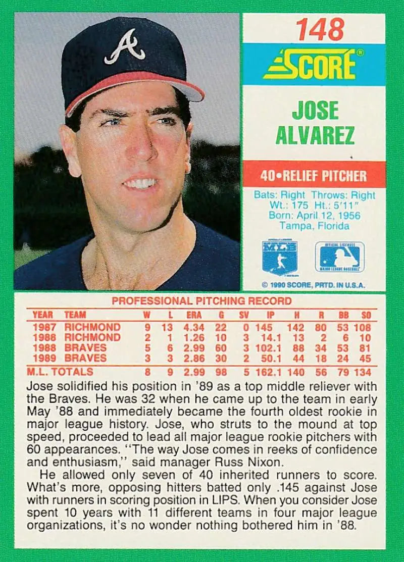 1990 Score #148 Jose Alvarez EX Excellent Atlanta Braves Baseball Card - Baseball Card Single