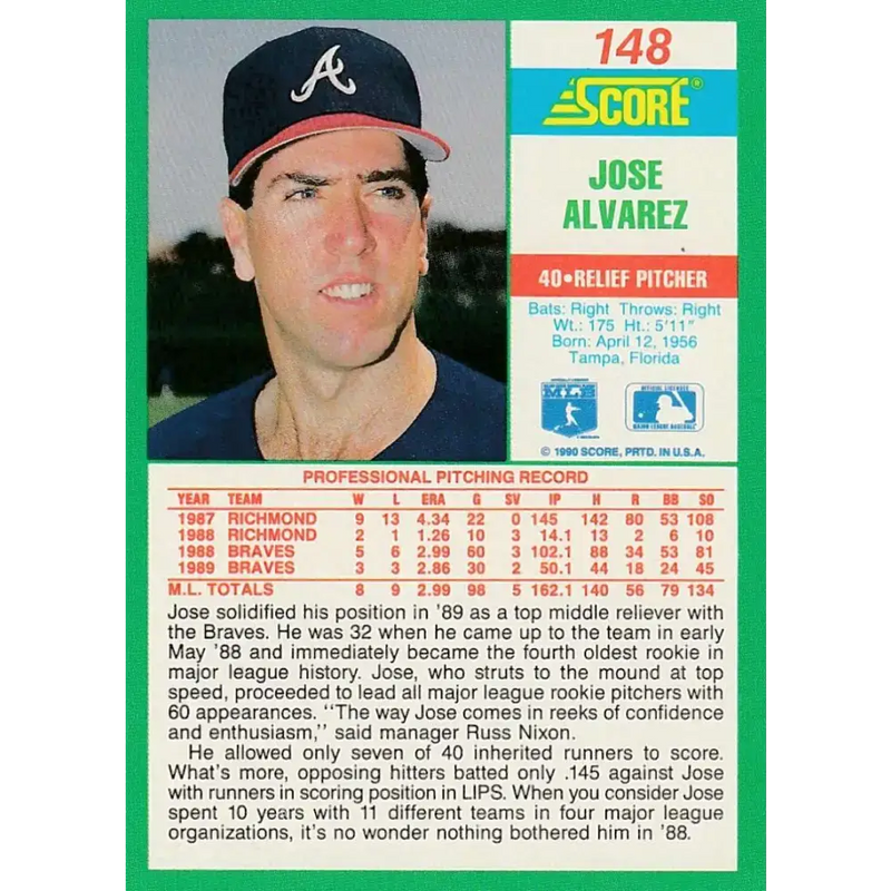 1990 Score #148 Jose Alvarez NM-MT Atlanta Braves Baseball Card - Baseball Card Single