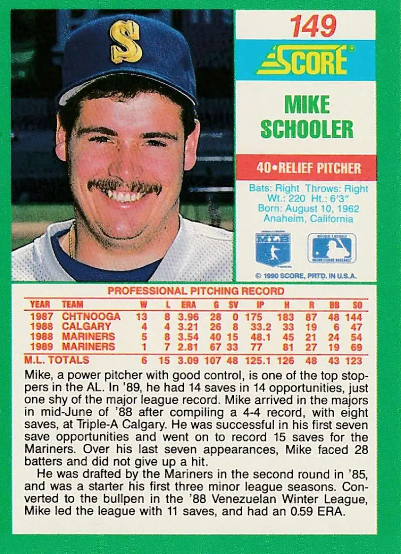 1990 Score #149 Mike Schooler EX Excellent Seattle Mariners Baseball Card - Baseball Card Single