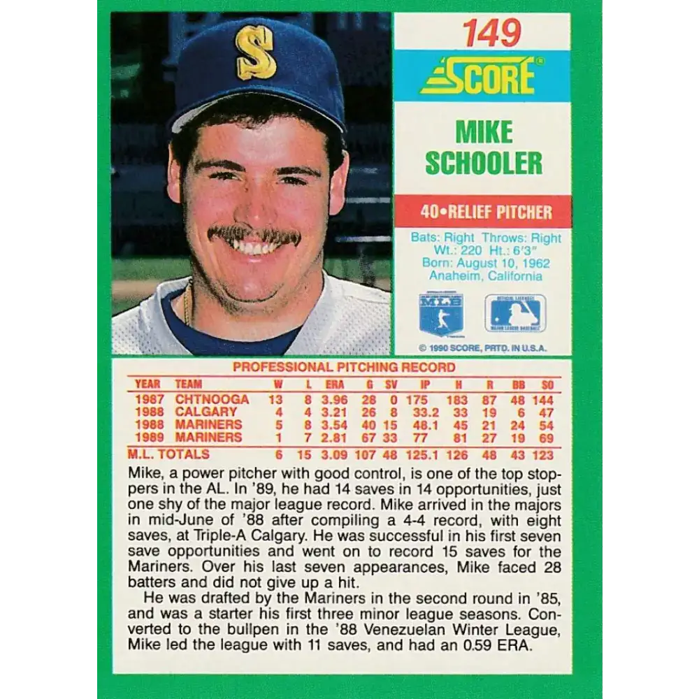 1990 Score #149 Mike Schooler NM-MT Seattle Mariners Baseball Card - Baseball Card Single