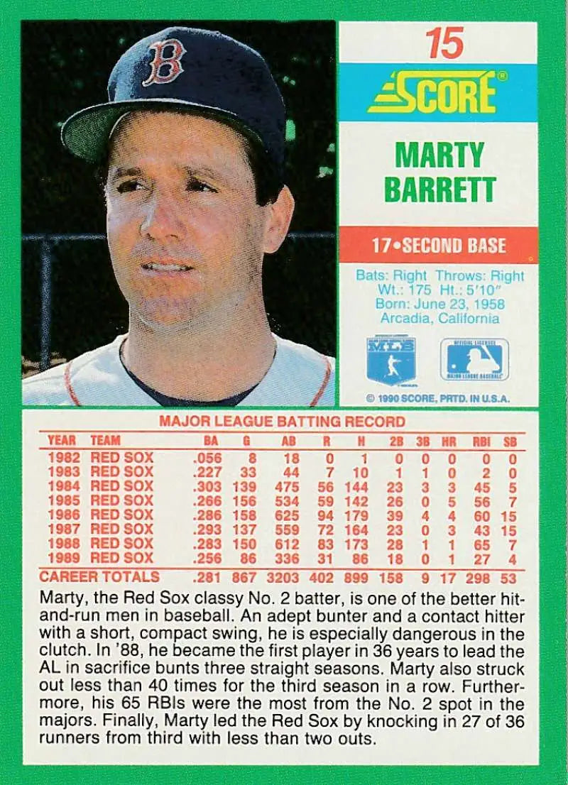 1990 Score #15 Marty Barrett EX Excellent Boston Red Sox Baseball Card - Baseball Card Single