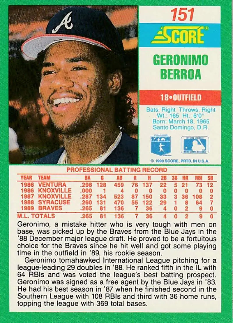 1990 Score #151 Geronimo Berroa EX Excellent Atlanta Braves Baseball Card - Baseball Card Single
