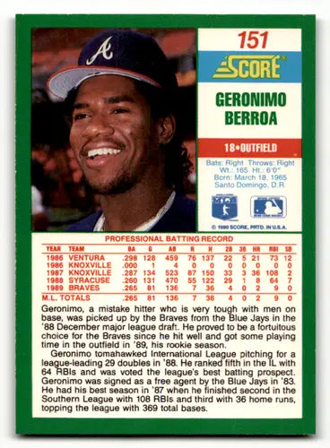Original gloss Geronimo Berroa baseball card from 1990 Score #151 Braves featuring Simply Sandoval