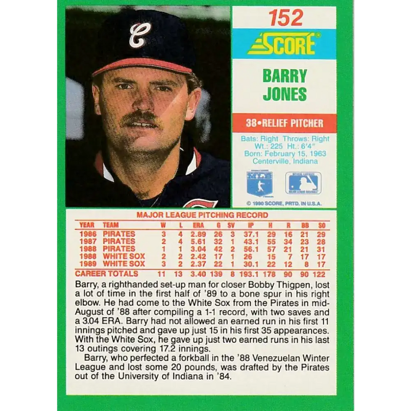 1990 Score #152 Barry Jones NM-MT Chicago White Sox Baseball Card - Baseball Card Single