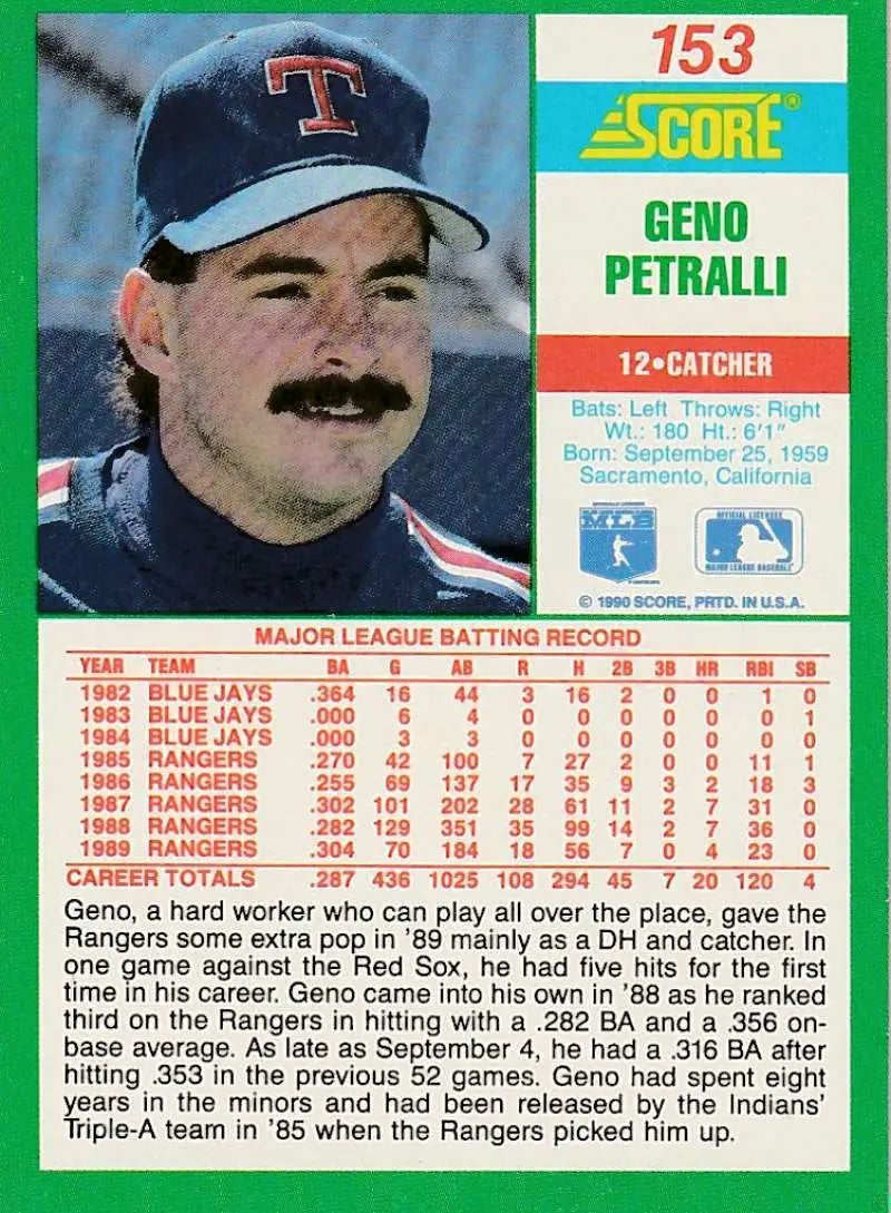 1990 Score #153 Geno Petralli EX Excellent Texas Rangers Baseball Card - Baseball Card Single