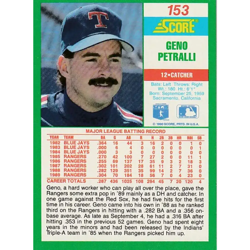 1990 Score #153 Geno Petralli NM-MT Texas Rangers Baseball Card - Baseball Card Single