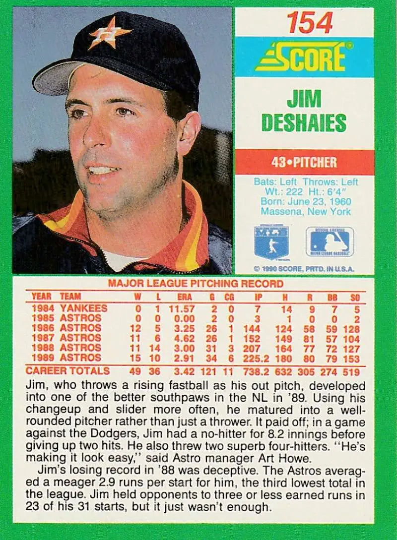 1990 Score #154 Jim Deshaies EX Excellent Houston Astros Baseball Card - Baseball Card Single
