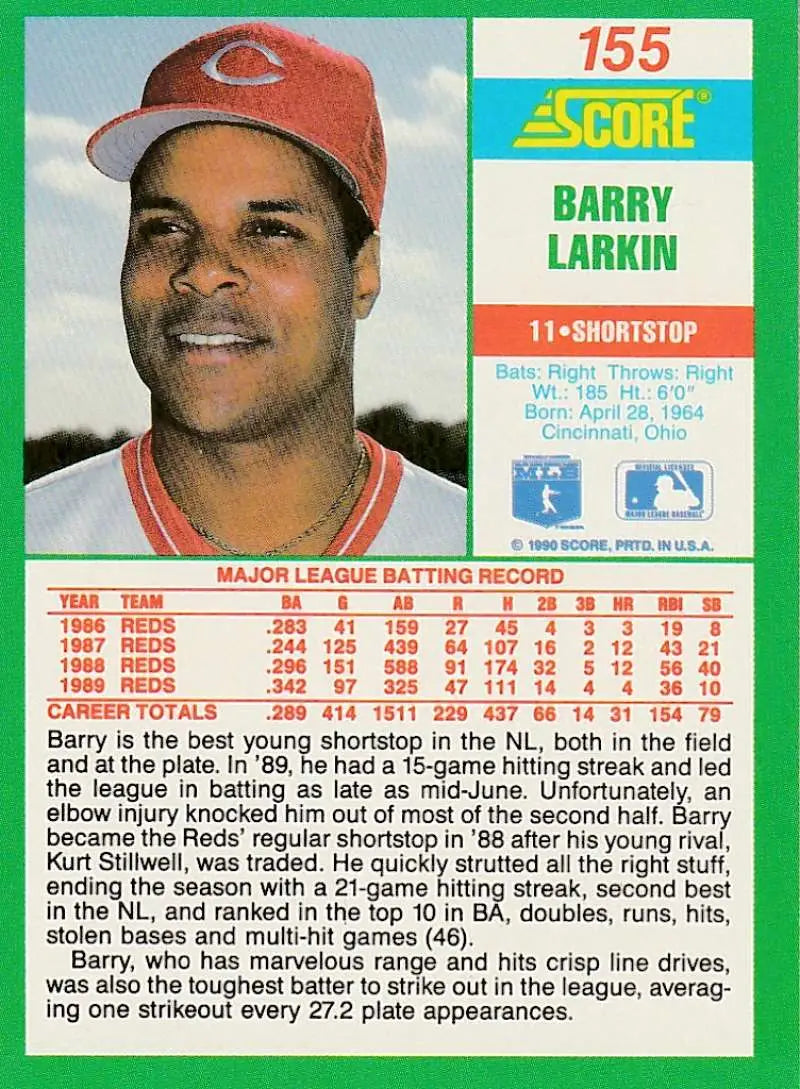 1990 Score #155 Barry Larkin EX Excellent Cincinnati Reds Baseball Card - Baseball Card Single