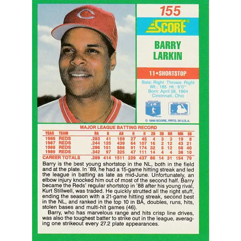 1990 Score #155 Barry Larkin NM-MT Cincinnati Reds Baseball Card - Baseball Card Single