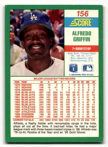 Original gloss Alfredo Griffin Los Angeles Dodgers baseball card 1990 Score #156