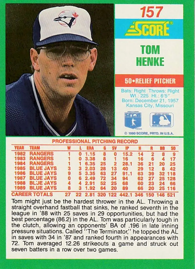 1990 Score #157 Tom Henke EX Excellent Toronto Blue Jays Baseball Card - Baseball Card Single
