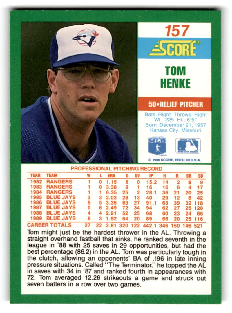 1990 Score #157 Tom Henke NM-MT Blue Jays ID:70053 - Baseball Card Single