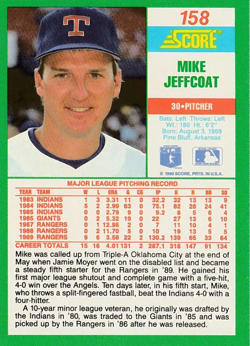 1990 Score #158 Mike Jeffcoat EX Excellent Texas Rangers Baseball Card - Baseball Card Single