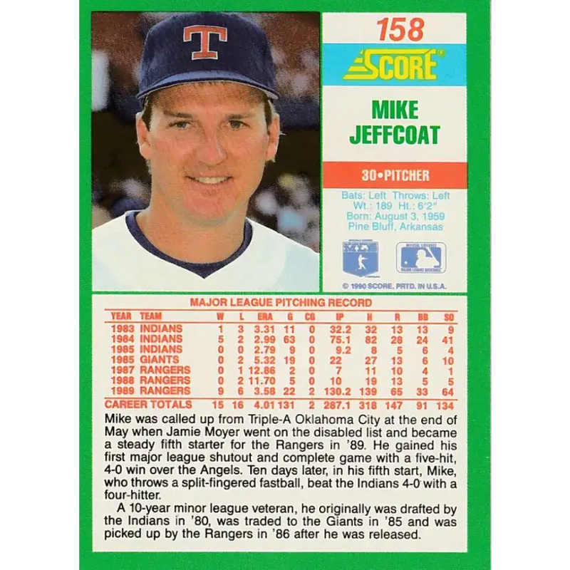 1990 Score #158 Mike Jeffcoat NM-MT Texas Rangers Baseball Card - Baseball Card Single