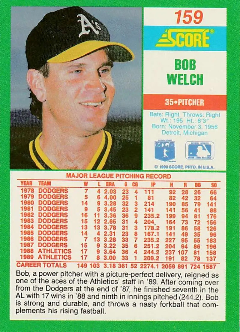 1990 Score #159 Bob Welch EX Excellent Oakland Athletics Baseball Card - Baseball Card Single