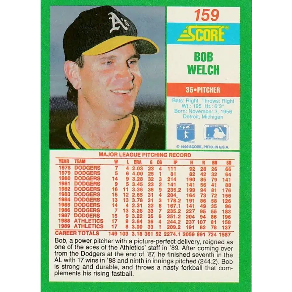1990 Score #159 Bob Welch NM-MT Oakland Athletics Baseball Card - Baseball Card Single