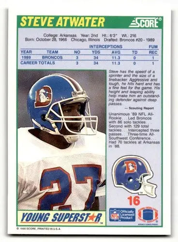 1990 Score #16 Steve Atwater Denver Broncos Football Cards NM-MT ID:62194 - Football Card Single