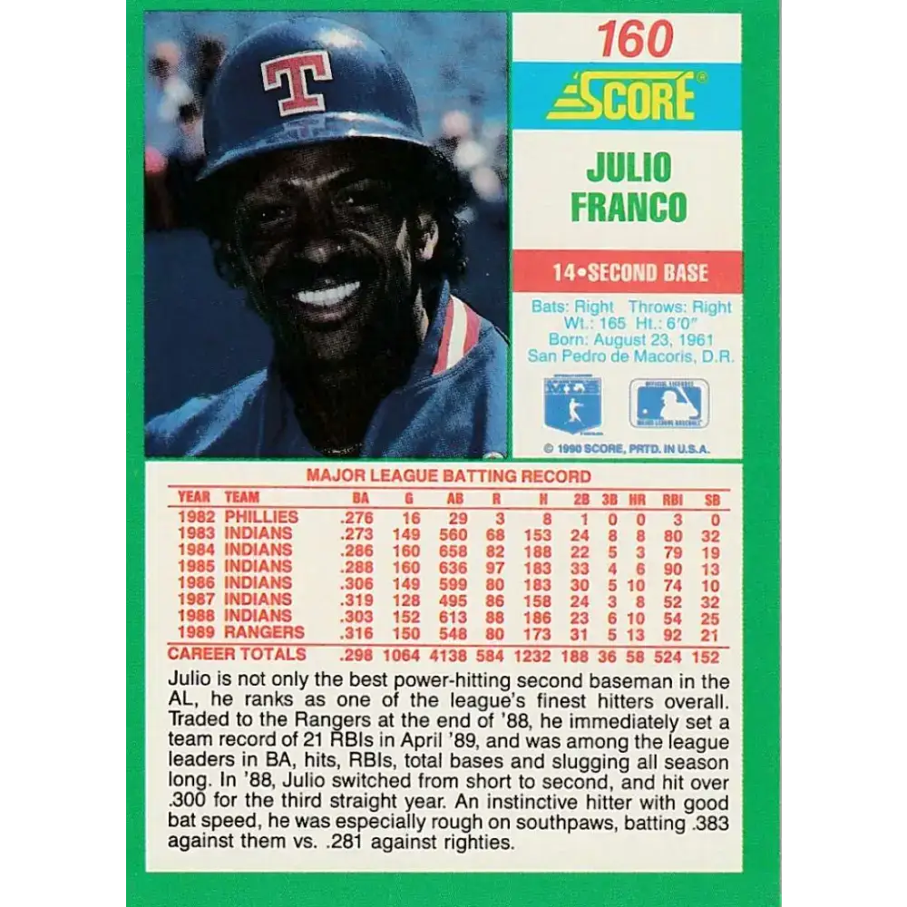 1990 Score #160 Julio Franco NM-MT Texas Rangers Baseball Card - Baseball Card Single