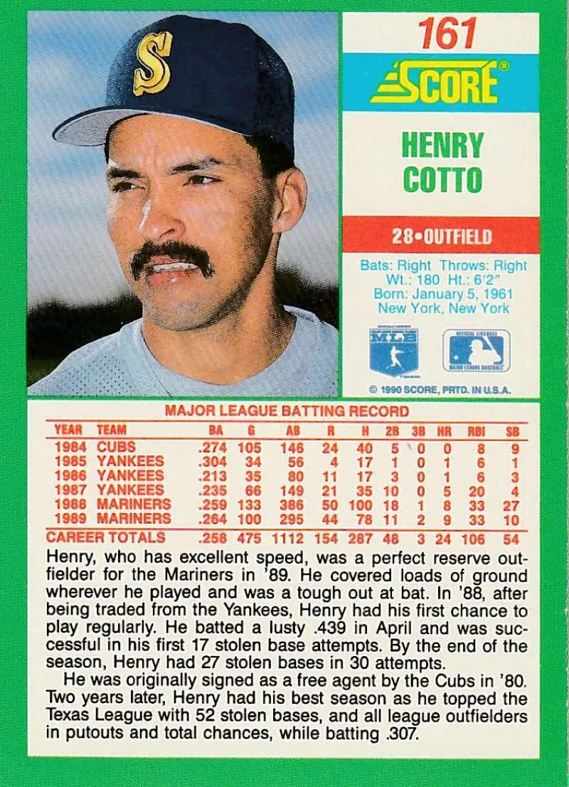 1990 Score #161 Henry Cotto EX Excellent Seattle Mariners Baseball Card - Baseball Card Single