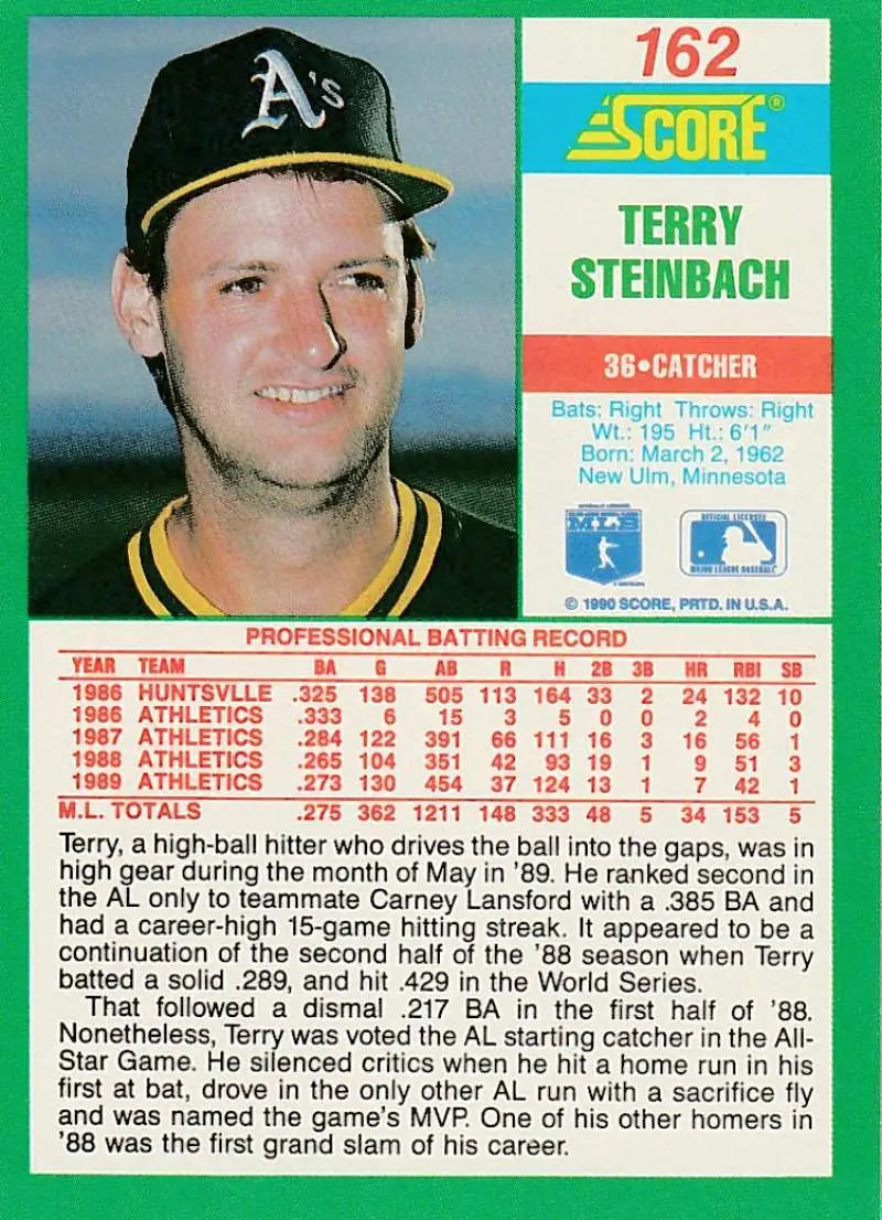 1990 Score #162 Terry Steinbach EX Excellent Oakland Athletics Baseball Card - Baseball Card Single