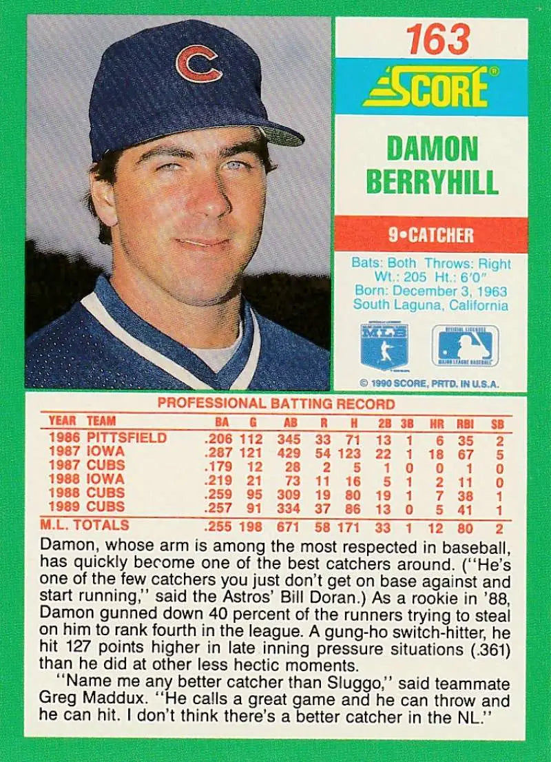 1990 Score #163 Damon Berryhill EX Excellent Chicago Cubs Baseball Card - Baseball Card Single