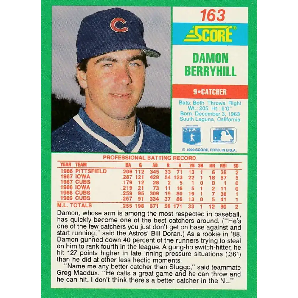 1990 Score #163 Damon Berryhill NM-MT Chicago Cubs Baseball Card - Baseball Card Single