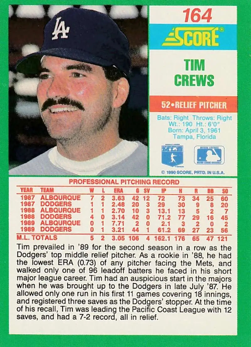 1990 Score #164 Tim Crews EX Excellent Los Angeles Dodgers Baseball Card - Baseball Card Single