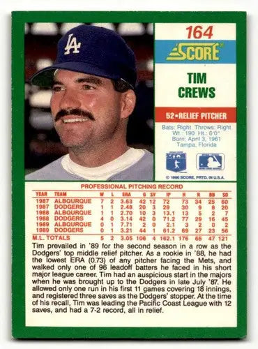 1990 Score #164 Tim Crews Los Angeles Dodgers Baseball Cards EX/NM ID:55182 - Baseball Card Single
