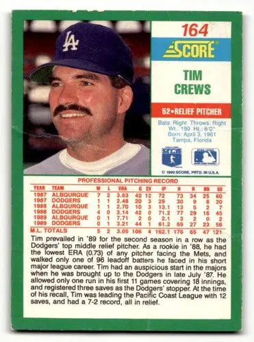 Tim Crews Los Angeles Dodgers baseball card 1990 Score #164 collectible card