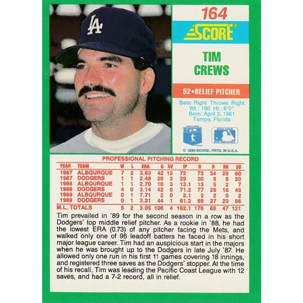 1990 Score #164 Tim Crews NM-MT Los Angeles Dodgers Baseball Card - Baseball Card Single